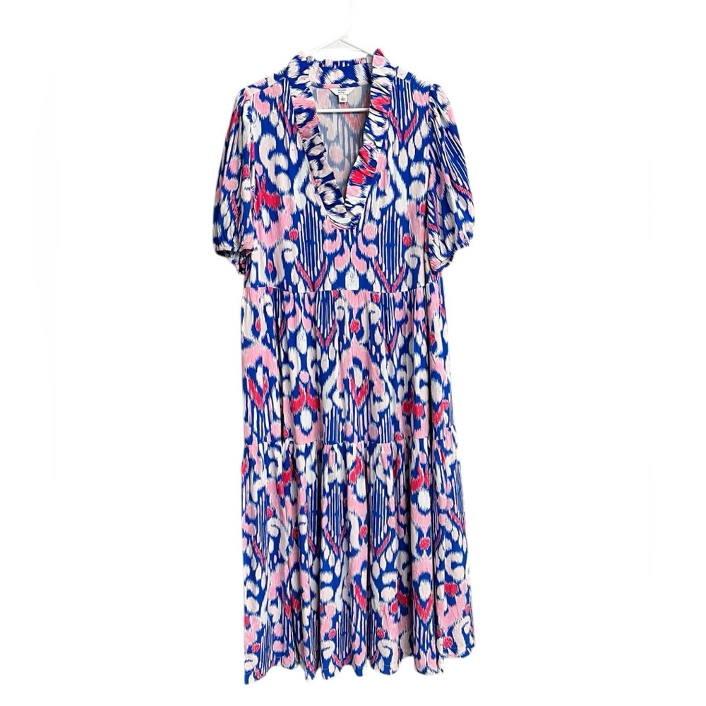 Crown & Ivy Ruffle Maxi Blue and Pink Patterned Dress Size Large